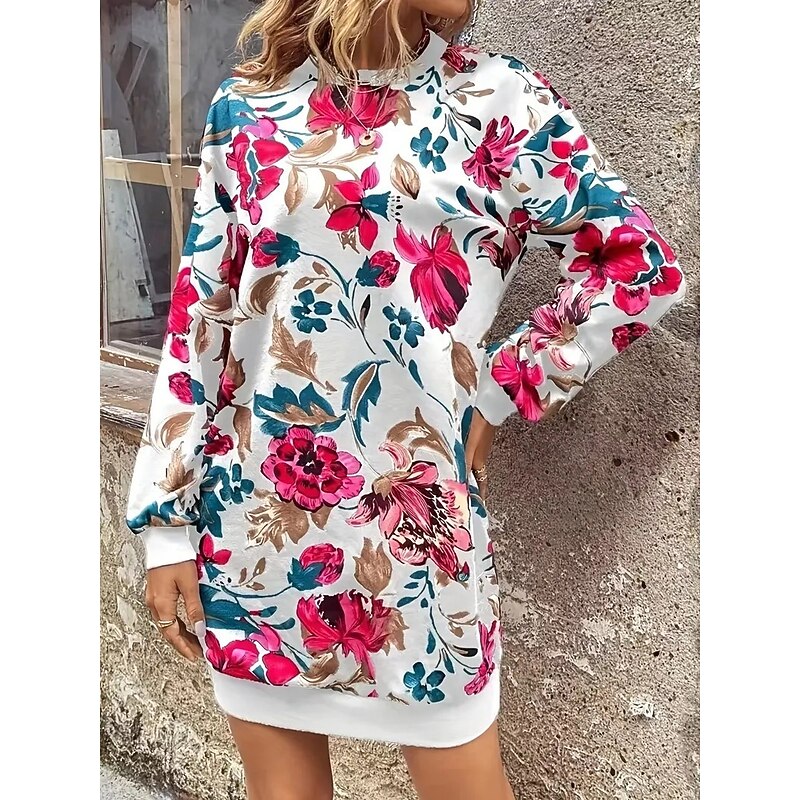 Women's Black White Fall Winter Mini Dress Shift Dress Athletic Dress Vacation Casual Outdoor Vacation Home Regular Fit Floral Geometric Plaid Crew Neck3