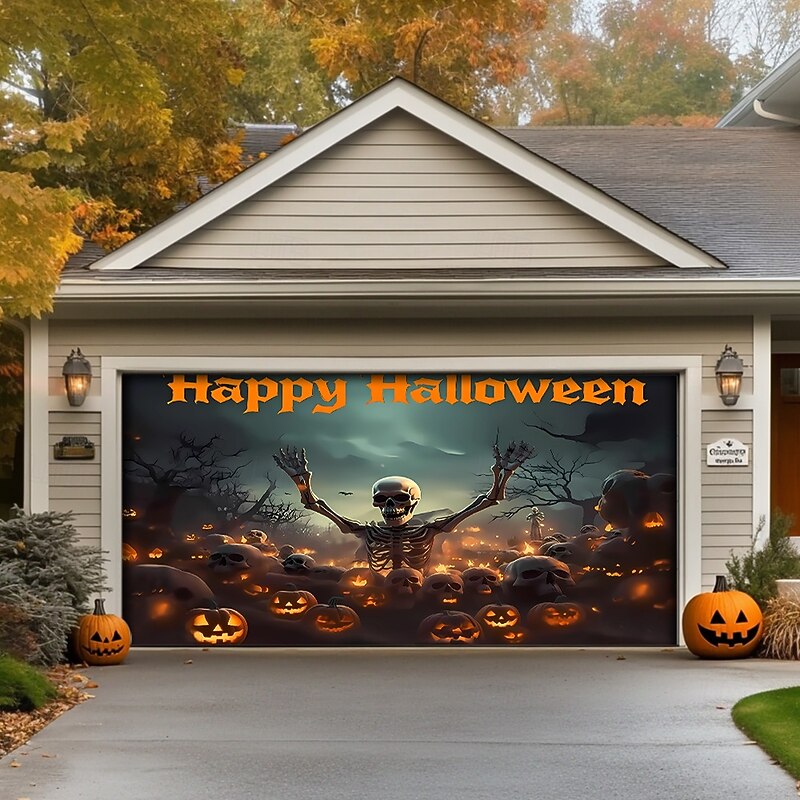 Halloween Garage Door Cover Large Hanging Backdrop Skeleton Pumpkin Cemetery Dark Punk Gothic Style Party Outdoor Shooting Backgrounds Yard Haunted House Home Decor2