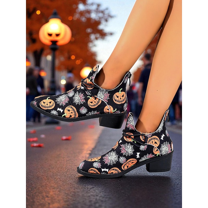 Women's Halloween Pumpkin and Spider Web Ankle Boots – Festive Low Heel Booties for Costume Party, Cosplay and Fall Fashion3