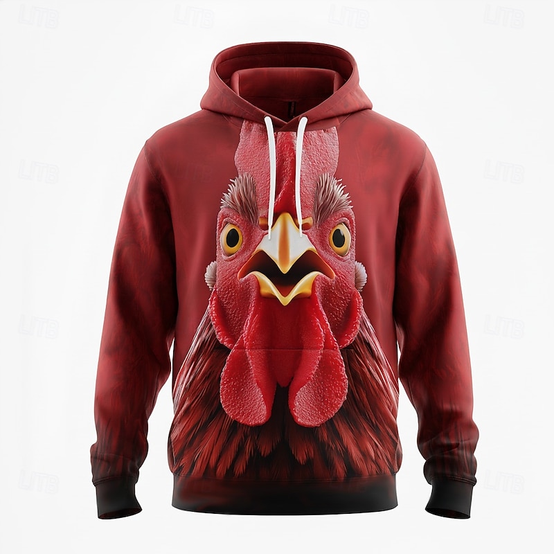 Men's Optical Illusion Rooster Hoodie Sweatshirt Fashion Cool Crew Neck Home Party Streetwear White Red Drawstring Fall Winter Designer