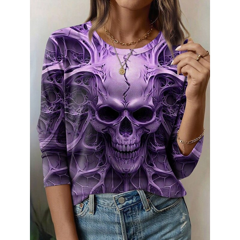 Halloween Women's T Shirt Skulls Graphic Vintage Fashion Stylish Long Sleeve Crew Neck Round Neck Regular Tops Daily Weekend Print Yellow Blue Purple Green Gray Summer Spring Fall4