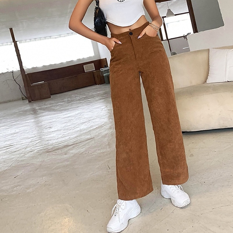 Women's Chinos Straight Casual Full Length Medium Waist Plain Pocket Comfy Micro-elastic Outdoor Daily Holiday dark brown Fall Winter Regular Fit4