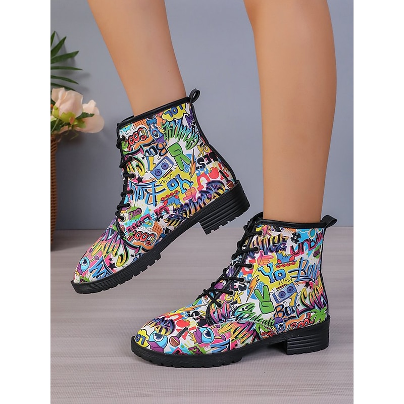 Women's Pink Floral Lace-Up Ankle Boots – Stylish Spring Fashion Combat Boots for Casual Outfits