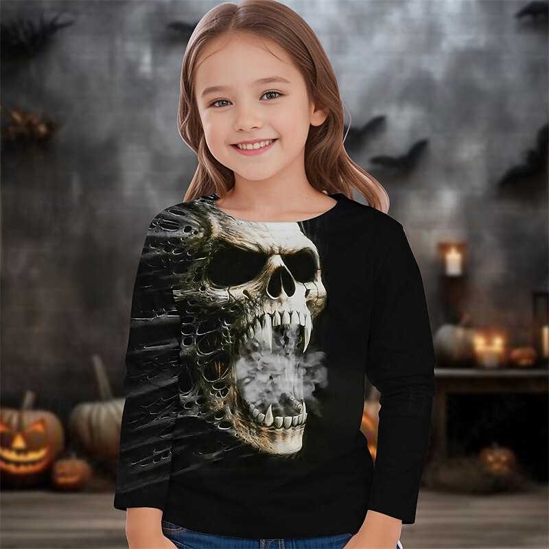 Halloween Girls' 3D Skull Ghost T shirt Tee Long Sleeve Spring Fall Fashion Basic Kids 4-12 Years Crew Neck Outdoor Casual Daily Regular Fit