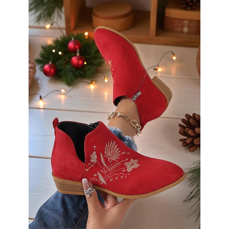 Women's Red Ankle Boots – Faux Suede Embroidered Zipper Low Heel Booties for Christmas, Parties and Casual Style