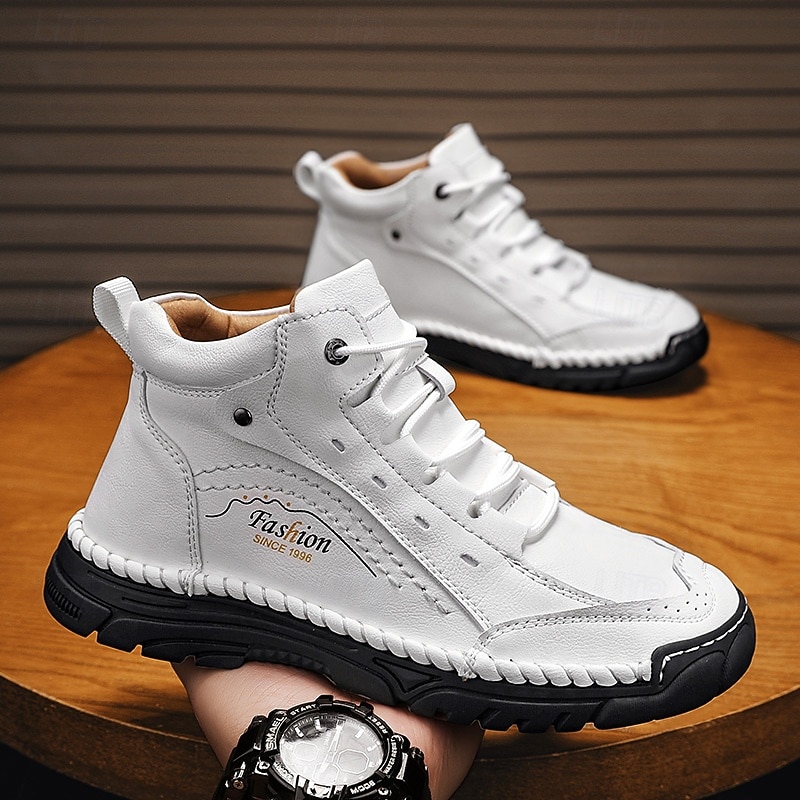 Men's White Handmade Casual Boots with Lace-Up Design, Non-Slip Sole and Lightweight Comfort, Stylish Streetwear Boots for Daily Wear and Travel3
