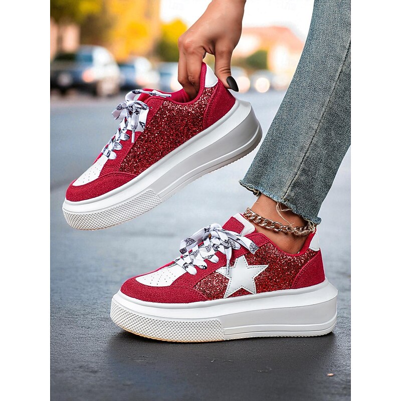 Women's Glitter Star Platform Sneakers - Red and White Chunky Lace-Up Casual Shoes with Sparkly Sequin Detail for Street Style, Travel & Festivals2