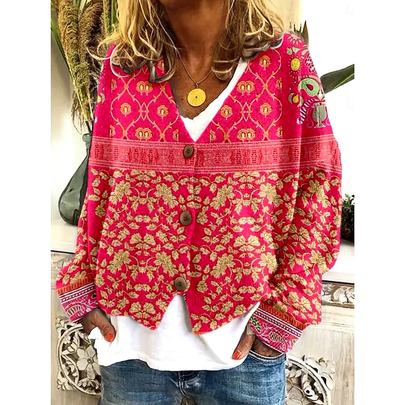 Women's Sweater Cardigan Elegant Vintage Fashion Floral Graphic V Neck Pocket Knitted Print Long Sleeve Regular Tops Knit Outdoor Daily Weekend Red Fuchsia Fall Winter2