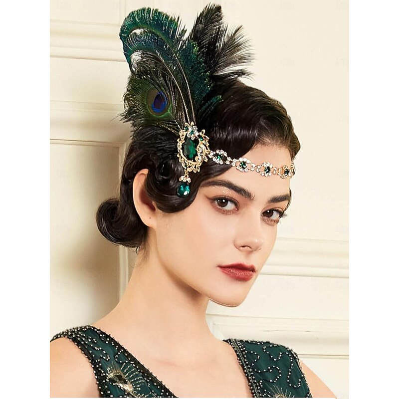 Women's 1920s Gatsby Flapper Style Jewelry Set  -Peacock Feather Headband, Pearl Bracelet, Earrings, Necklace, and Gloves for Vintage Party and Evening Wear2