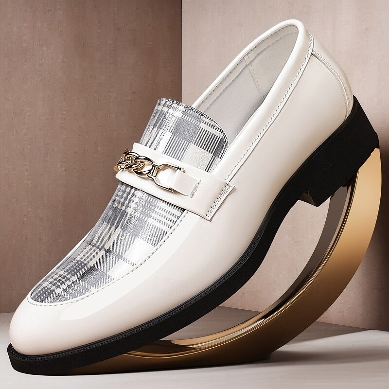 Men's White Plaid Loafers Slip-On Fashion Dress Shoes with Metal Chain Detail for Business Meetings, Evening Parties and Modern Casual Outfits