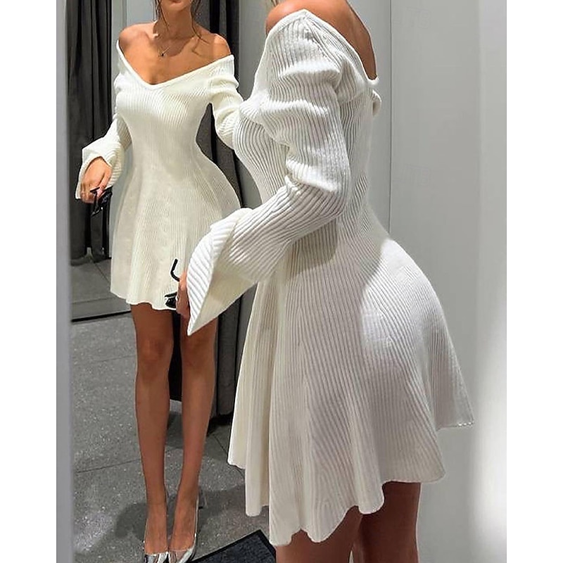 Women's Mini Dress Sweater Dress Bodycon Sheath Dress Fashion Modern Daily Weekend Regular Fit Plain Long Sleeve V Neck Black White Spring Fall