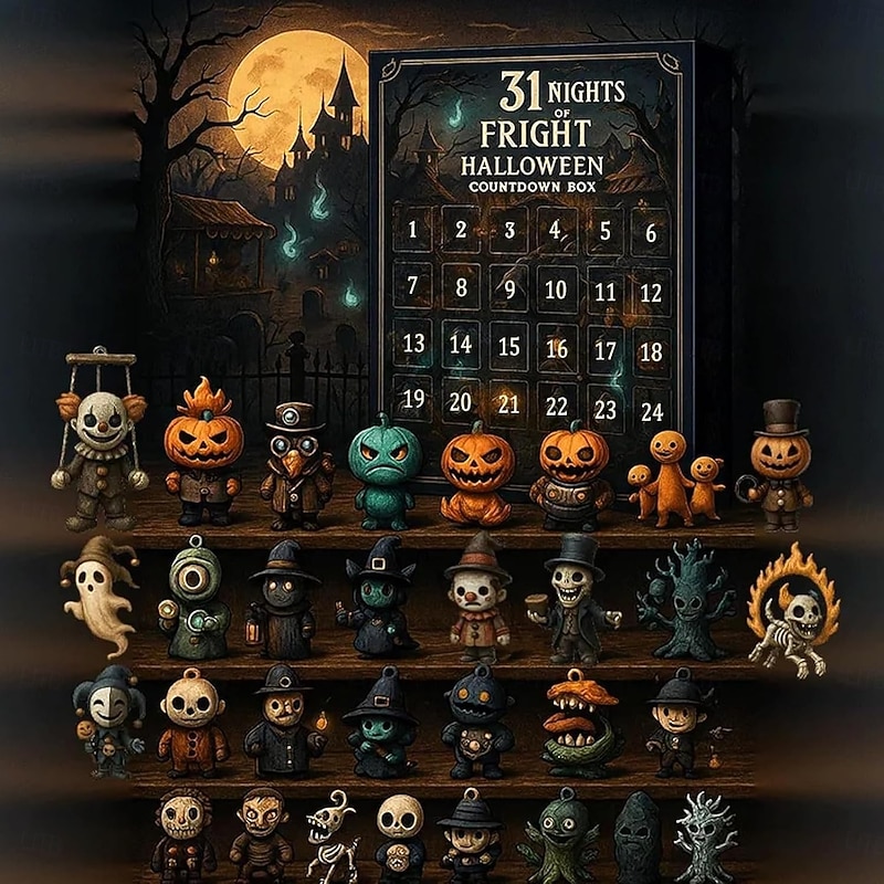 31 Nights of Fright Halloween Countdown Box Advent Calendar with Figurines Unusual Scary Dolls Advent Calendar Decor Gifts, Scary Dolls, Mini Decorations Surprise Hallween Xmas Gifts