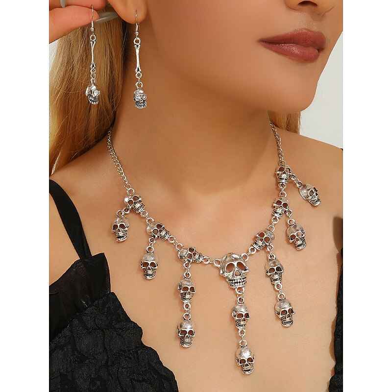 Women's Halloween Skull Necklace and Earring Set – Gothic Punk Jewelry with Multiple Skulls in Gold and Silver Colors for Party, Cosplay and Costume Outfits
