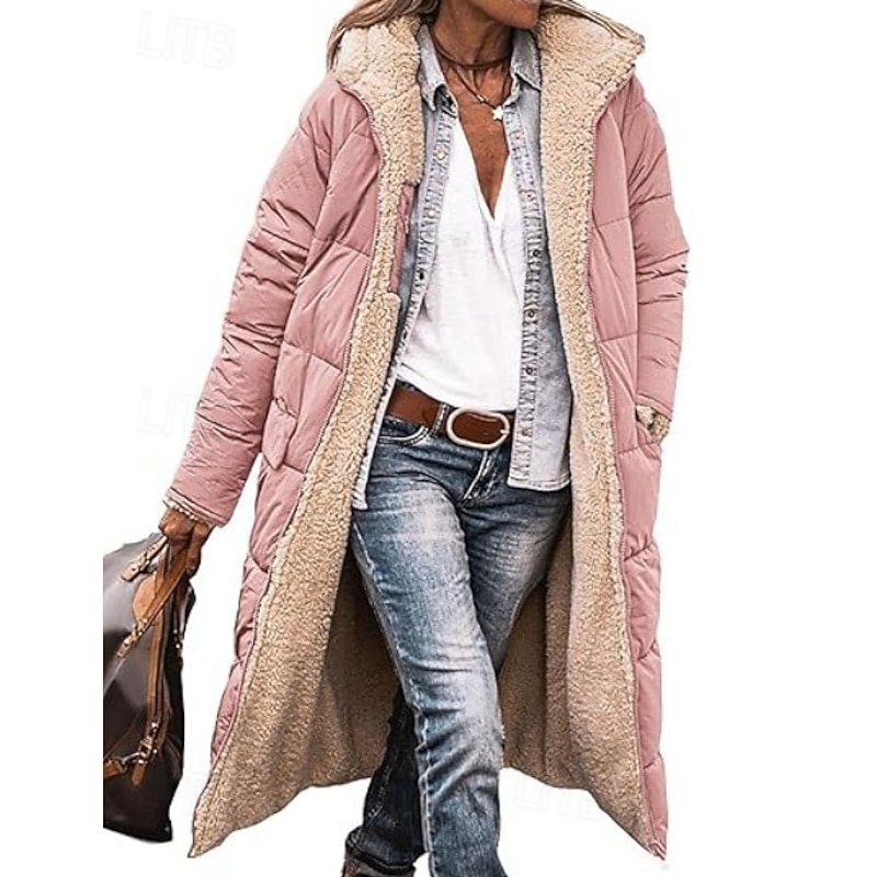 Women's Winter Coat Windproof Warm Open Front Vintage Daily Casual Plain Vacation Casual Daily Open Front Long Hooded Regular Fit Long Sleeve Outerwear Pink Blue Green Fall Winter3