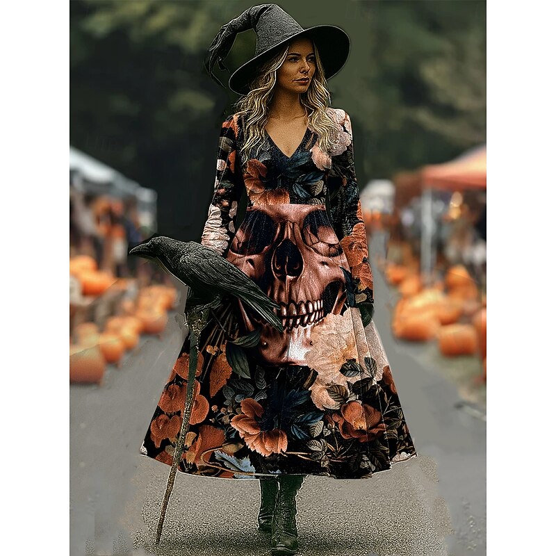 Halloween Women's Witch Print Midi Dress A Line Dress Vacation Casual Daily Regular Fit Floral Graphic Hocus Pocus Long Sleeve V Neck Black Red Brown Spring Fall3