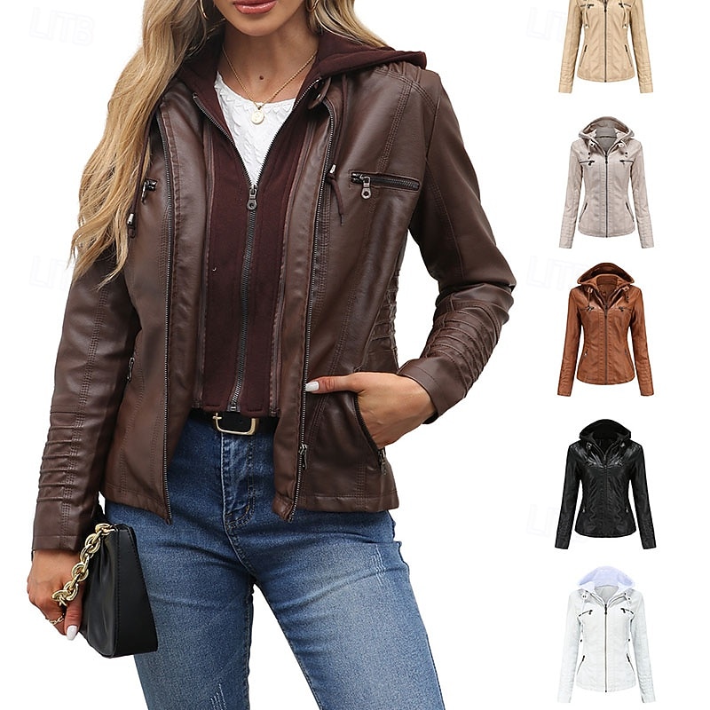 Women's Faux Leather Jacket Warm Comfortable Zipper Pocket 2 in 1 Casual Solid Color Vacation Street Casual Daily Wear Regular Hooded Regular Fit Long Sleeve Outerwear Black Red Camel Spring Fall