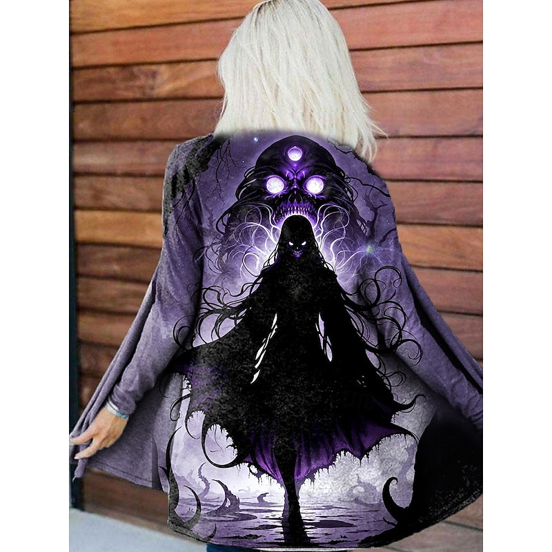 Women's Coat Lightweight Comfortable Print Vintage Artistic Casual Halloween Skull Casual Long Collarless Loose Fit Long Sleeve Outerwear Black Blue Purple Spring Fall4