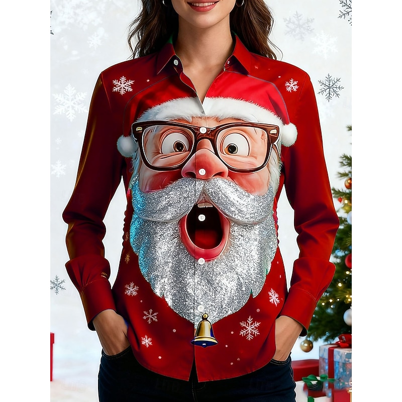 Christmas Women's Shirt Graphic Santa Claus Elegant Vintage Tropical Long Sleeve Shirt Collar Regular Tops Work Daily Holiday Yellow Red Blue Green Fall Winter3