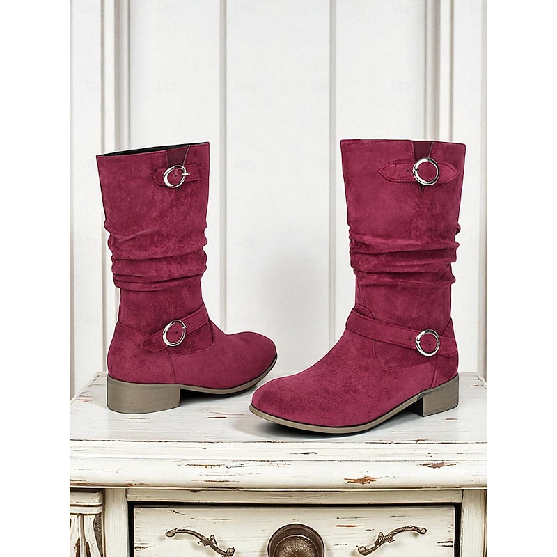 Women's Mid Calf Slouchy Boots with Buckle Straps – Vintage Suede Style Winter Boots for Casual Outfits and Autumn Fashion4