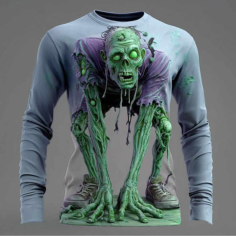 Halloween Men's Zombies 3D T Shirt Long Sleeve T shirt 3D Print Crew Neck Shirt Fashion Exaggerated Street Casual Daily Pink Blue Purple Summer Spring Fall Clothing Apparel S M L XL XXL XXXL 4XL4