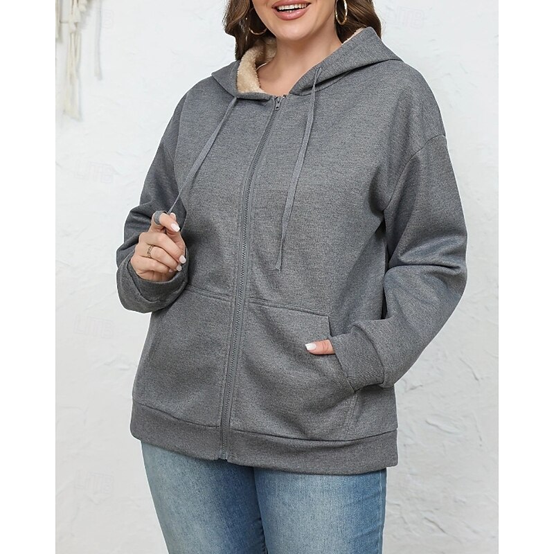 Women's Zip Up Hoodies Plain Casual Long Sleeve Hooded Regular Tops Street Going out Zipper Pocket Black Wine Navy Blue Light Grey Dark Gray Fall Winter3