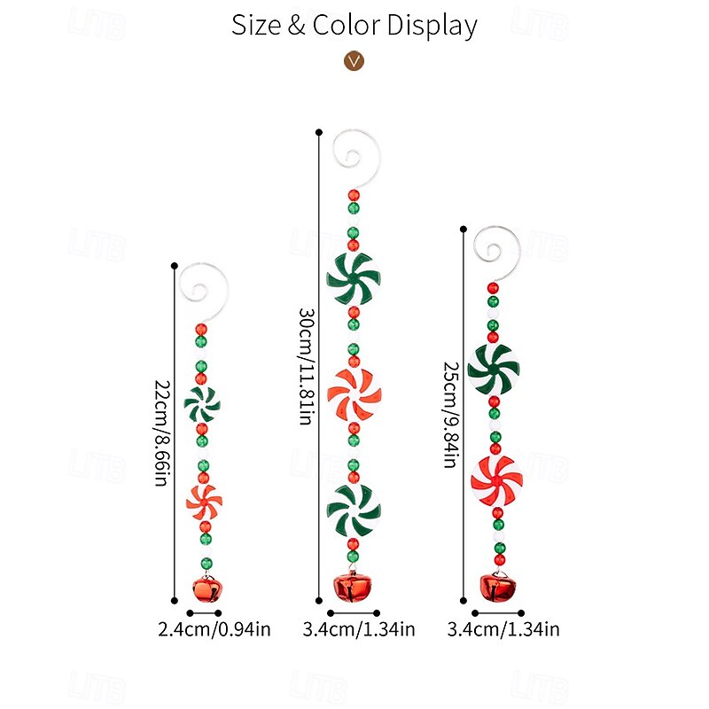 6Pcs Christmas Candy Cane Ornaments, Red and White Lollipop Hanging Decorations with Curly Bells & Beads, Festive Candy Stick Ornaments for Christmas Tree Decor2