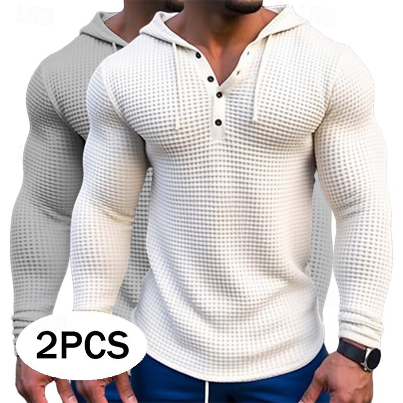 Men's Waffle Shirt T Shirt Tee Top Long Sleeve Shirt Long Sleeve Hooded Spring &  Fall All Seasons Plain Fashion Designer Basic 2 Piece Buttons Vacation Street Casual Army Green + Gray Khaki green