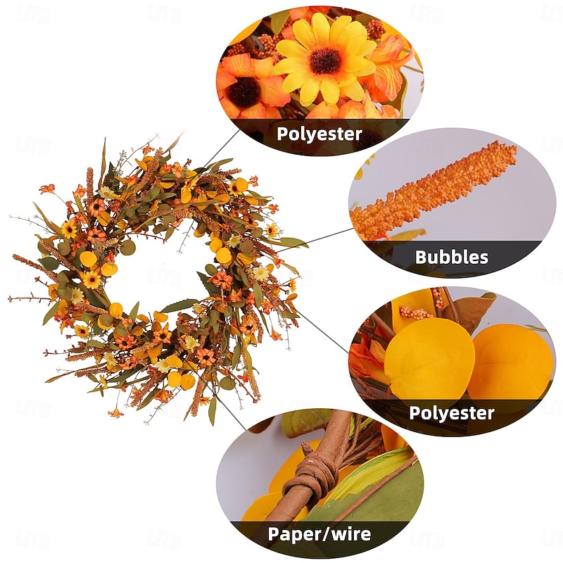 Fall Wreath for Front Door, Autumn Leaves Harvest Festival Decor, Faux Plant Vine Ring for Home, Window, Patio & Party Decorations3