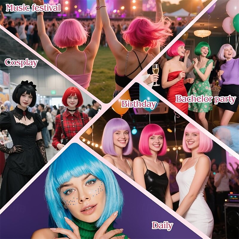 Hot Pink Bob Wig for Women Short Bob Wigs Synthetic Colored Funny Cosplay Hairpieces for Women Men Daily Halloween Costume Party Decorations2
