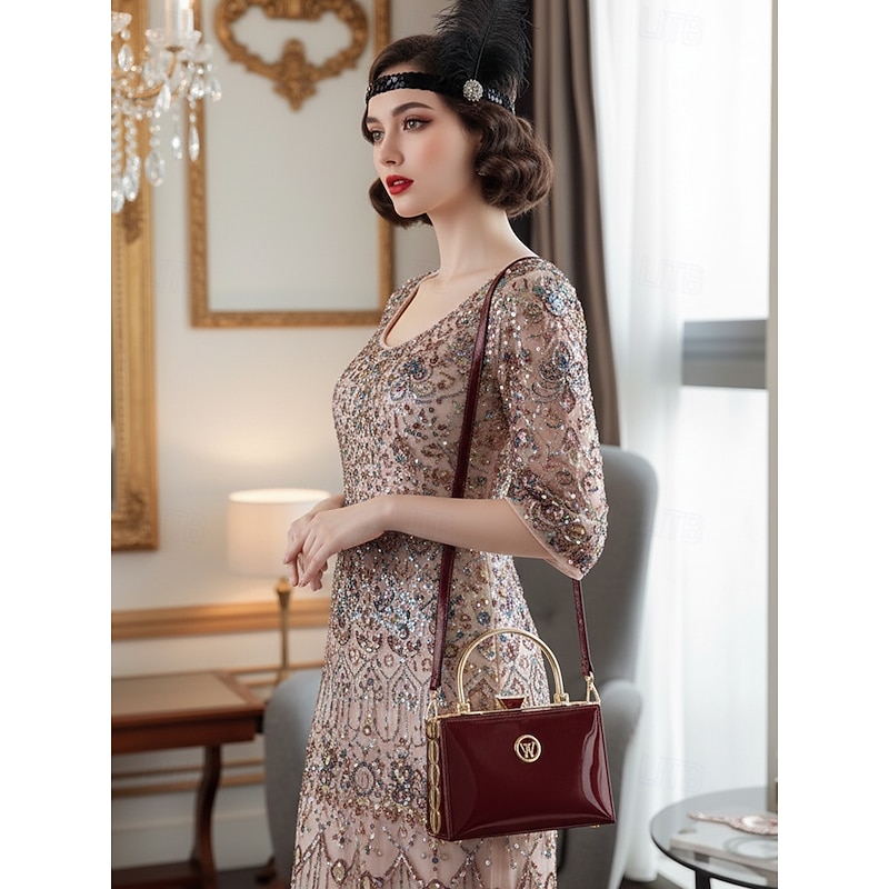 Women's Burgundy Patent Leather Evening Handbag with Gold Handle, Vintage Gatsby Style Purse for Cocktail Parties, Weddings and Formal Events3