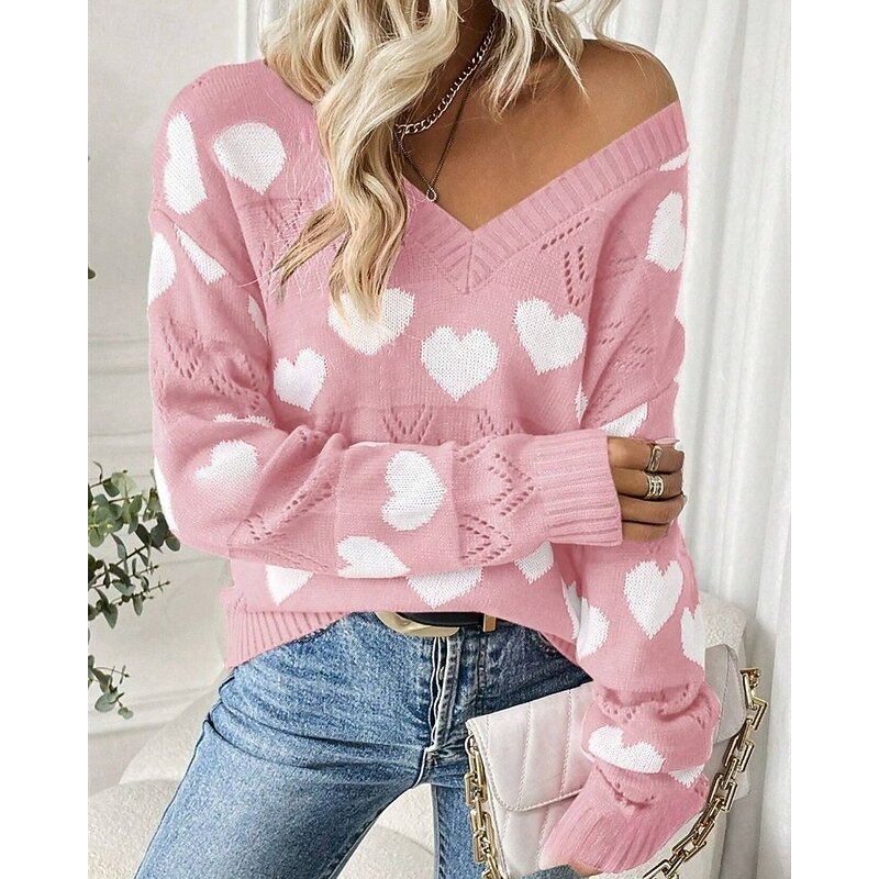 Women's Sweater Pullover Fashion Casual Heart Ribbed V Neck Knitted Long Sleeve Regular Tops Knit Outdoor Daily Weekend Black Pink Fall Winter3