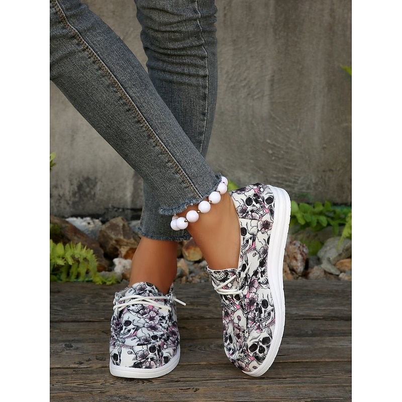 Women's Halloween Skull Print Casual Sneakers- Comfortable Lace-Up Walking Shoes with Floral Pattern for Party and Holiday Outfits4