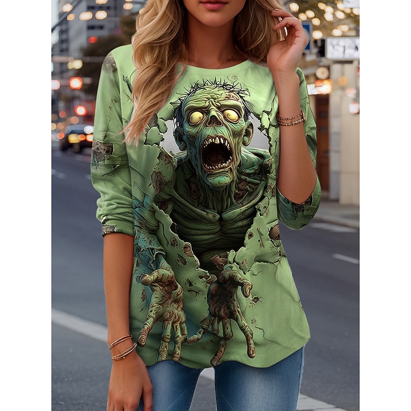 Halloween Women's T Shirt Graphic Skull Vintage Fashion Stylish Long Sleeve Crew Neck Regular Tops Daily Weekend Print Pink Blue Purple Green Spring Fall Winter