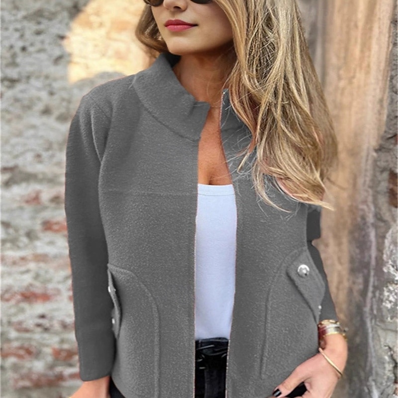 Women's Blazer Comfortable Zipper Pocket Elegant Fashion Outdoor Plain Going out Casual Daily Weekend Cardigan Regular Stand Collar Regular Fit Long Sleeve Outerwear Black Red Blue Spring Fall