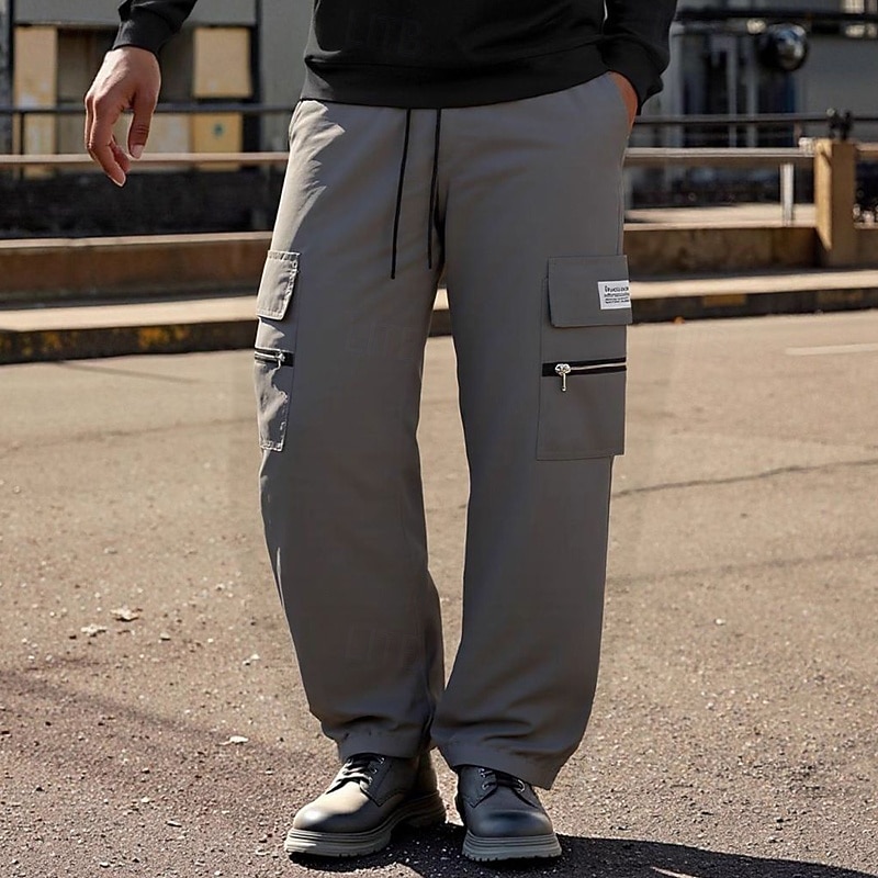 Men's Cargo Pants Trousers Baggy Pants Drawstring Elastic Waist Multi Pocket Plain Wearable Outdoor Daily Camping & Hiking Fashion Classic Black Gray2