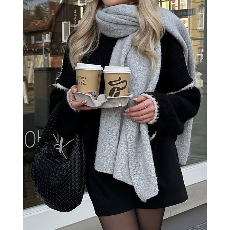 Women's Sweater Pullover Streetwear Casual Color Block Crew Neck Patchwork Knitted Long Sleeve Regular Tops Knit Daily Holiday Going out Black Khaki Fall Winter2