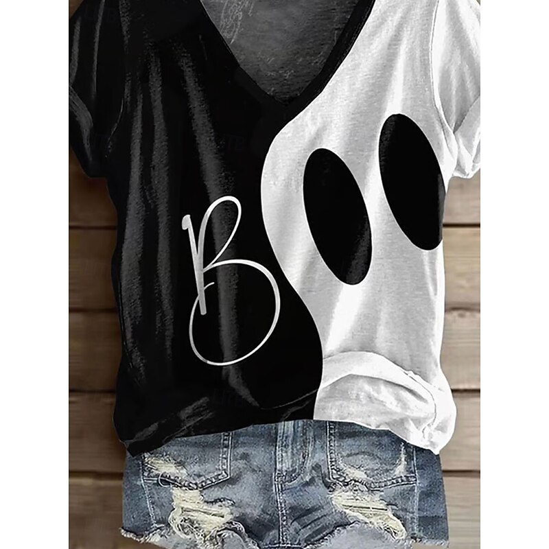 Halloween Women's T Shirt Graphic Ghost Vintage Stylish Classic Short Sleeve V Neck Regular Tops Daily Print White Summer Fall Winter3