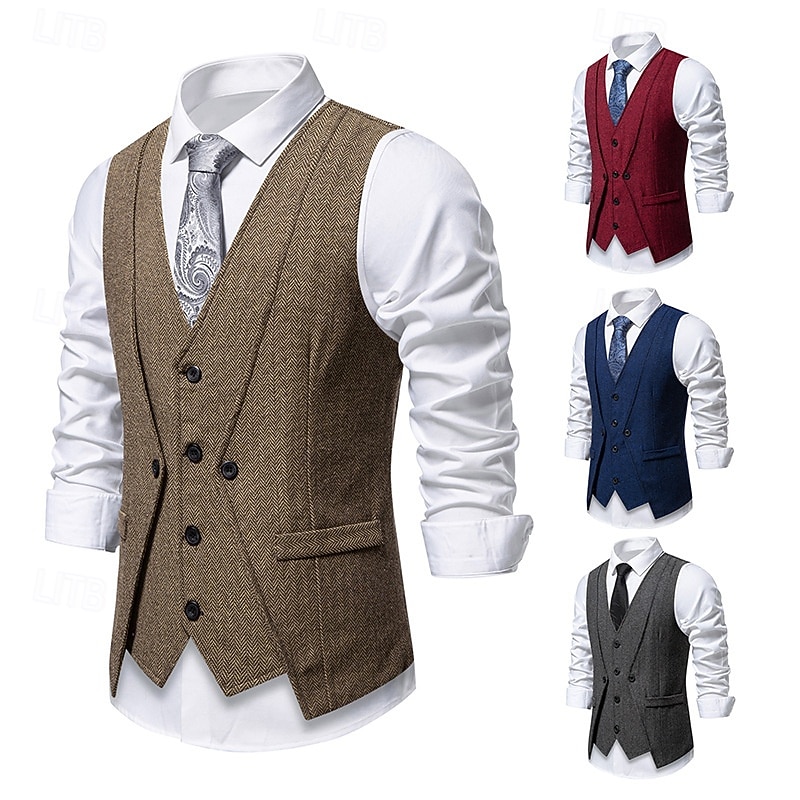 Men's Vest Waistcoat Gilet Vacation Party Business Fashion Casual Spring Fall Pocket 2 in 1 Buttons Polyester Comfortable Plain Single Breasted One-button V Neck Regular Fit Wine Navy Blue Dark Gray