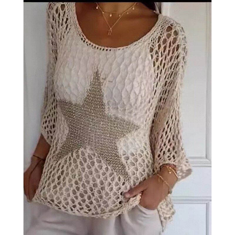 Women's Sweater Pullover Streetwear Casual Geometric Crew Neck Hollow Out Knitted Print 3/4 Length Sleeve Regular Tops Knit Outdoor Daily Holiday White Pink Summer Spring2