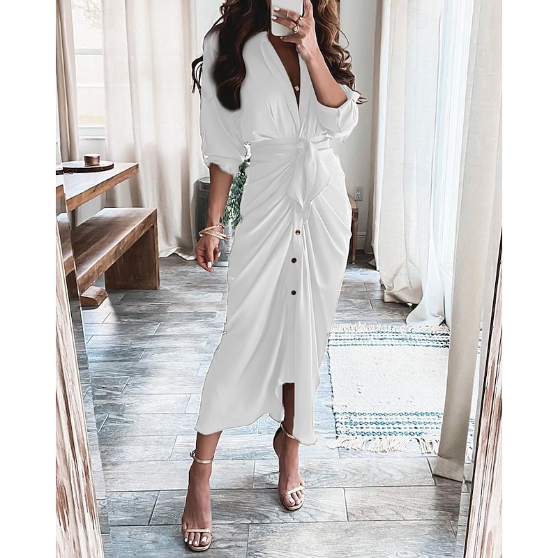 Women's Midi Dress Sheath Dress Chiffon Dress Fashion Modern Outdoor Holiday Going out Regular Fit Plain Long Sleeve V Neck White Yellow Khaki Light Blue Spring Fall