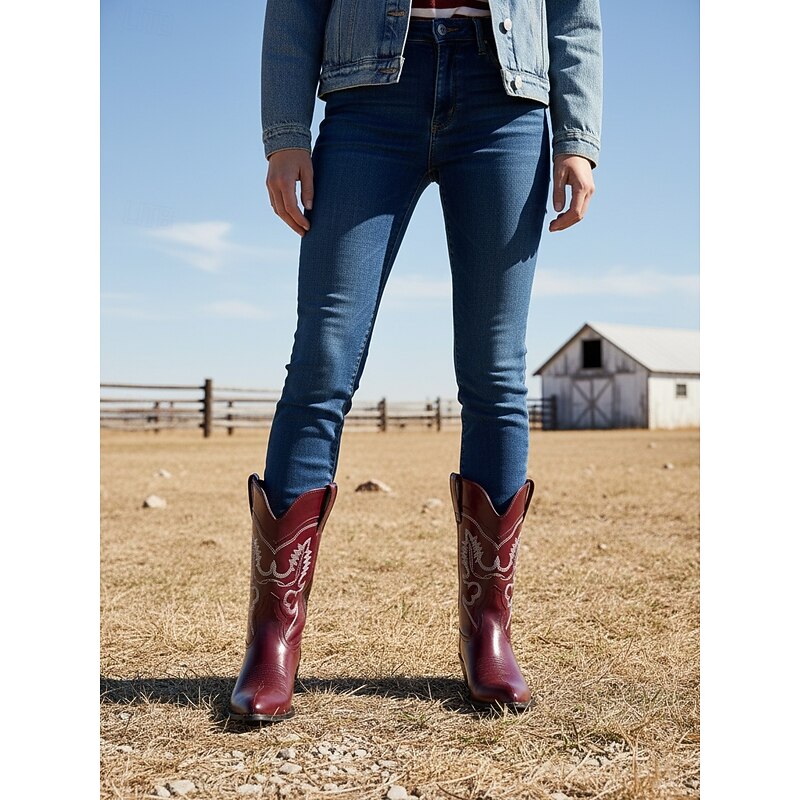 Women's Cowboy Boots with Embroidered Western Stitching, Pointed Toe and Low Block Heel - Stylish Urban Casual Footwear for Women's Streetwear and Everyday Outfits4