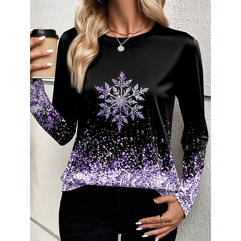 Christmas Women's T Shirt Graphic Snowflake Vintage Fashion Stylish Long Sleeve Crew Neck Round Neck Regular Tops Daily Weekend Print Pink Blue Purple Gold Green Summer Spring Fall Winter3