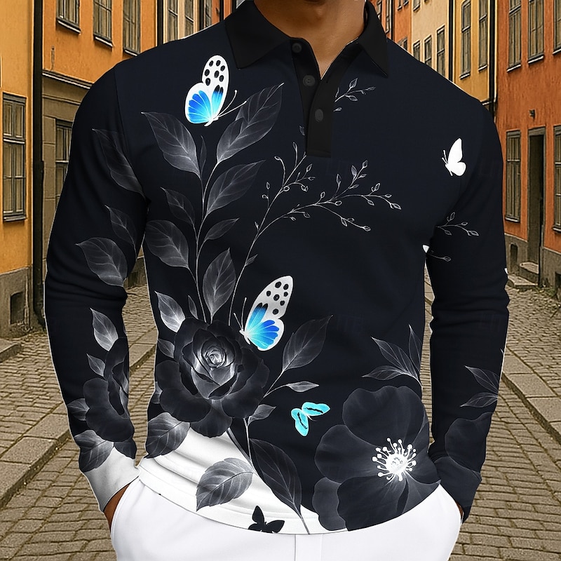 Men's Floral Butterfly Polo Long Sleeve Polo Shirts Lapel Casual Outdoor Athleisure Daily Wear 3D Print Buttons Spring Fall Winter Black White2