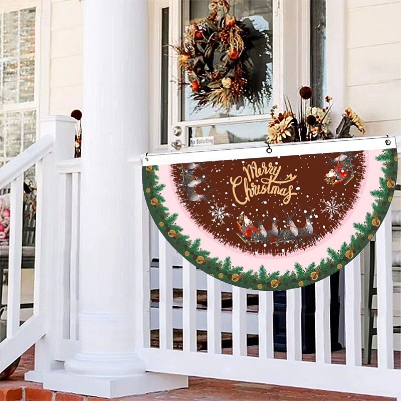 Christmas Fan Shaped Flag Outdoor Hanging Banner, Creative Cartoon Printed Door Window Hanging, Holiday Decoration for Home and Shop