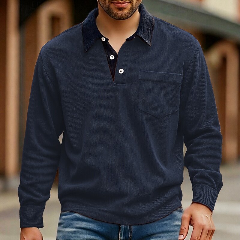 Men's Corduroy Shirt Golf Shirt Work Casual Lapel Long Sleeve Basic Modern Color Block Pocket Buttons Spring Fall Regular Fit Black White Red Navy Blue Blue Orange Corduroy Shirt3