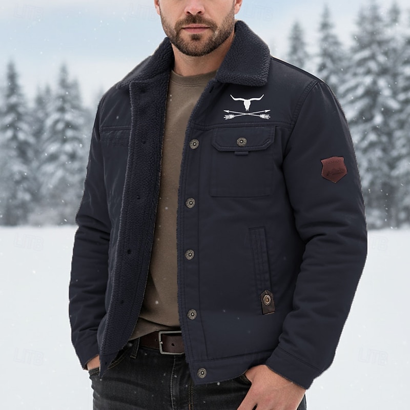 Men's Cow Print Fleece Jacket Cargo Jacket Sherpa Jacket Thermal Warm Vintage Casual Outdoor Home Multiple Pockets Cotton Jackets Winter Coats Fall Winter Fleece Turn-Down Collar Long Sleeve Black3