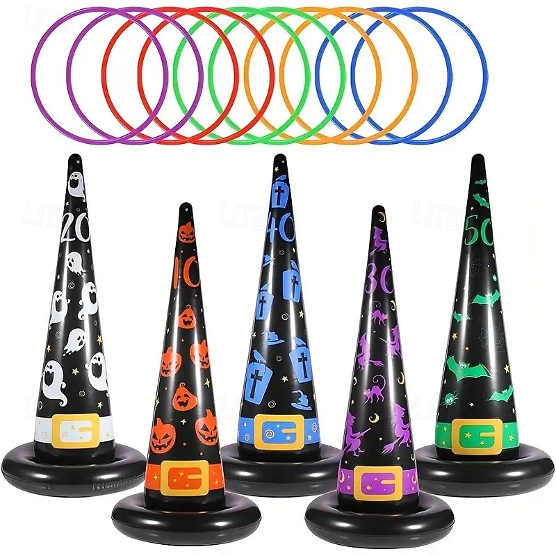 Halloween inflatable witch hat toss ring plastic toss rings for indoor and outdoor garden fun adult family holiday item random color toss rings set of 15pcs including 10 assorted colors and 5 colo