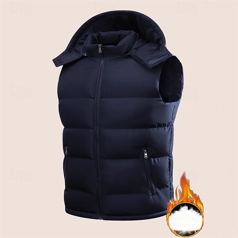 Men's Puffer Vest Vest Gilet Vacation Daily Date Fashion Casual Fall Winter Pocket Polyester Warm Comfortable Solid Color Zipper Hooded Regular Fit Black Blue Vest