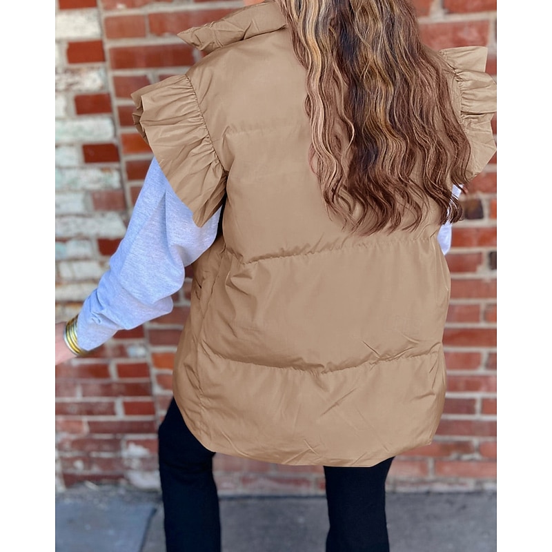 Women's Vest Warm Comfortable Pocket Buttons Casual Plain Vacation Street Daily Wear Going out Regular Stand Collar Regular Fit Sleeveless Outerwear Black Pink Brown Fall Winter3