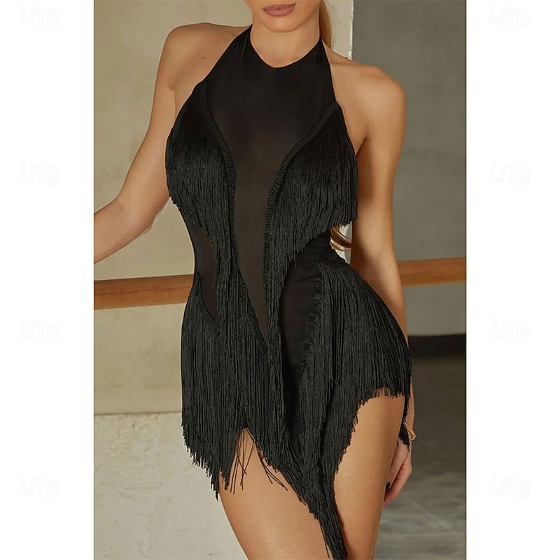 Latin Dance Dress Tassel Pure Color Splicing Women's Performance Training Sleeveless High Spandex